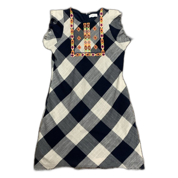 THML Navy White Large Check Frayed SS Boho Embroidered Knee Length Dress Size M - Picture 2 of 16